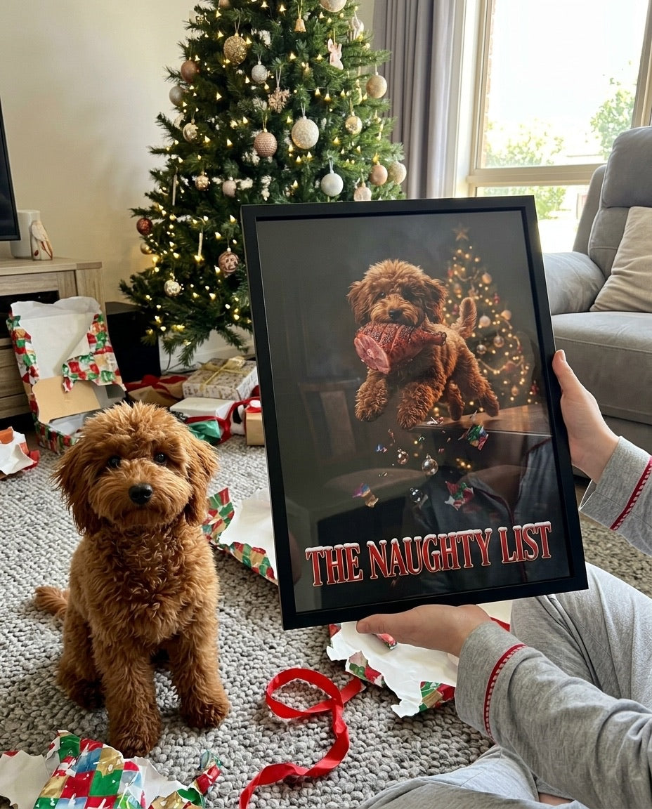 Framed Naughty List poster unwrapped on Christmas morning with the poodle