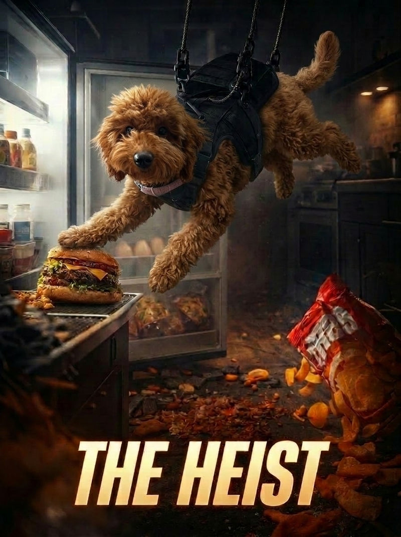 The same poodle cross starring in The Heist movie poster
