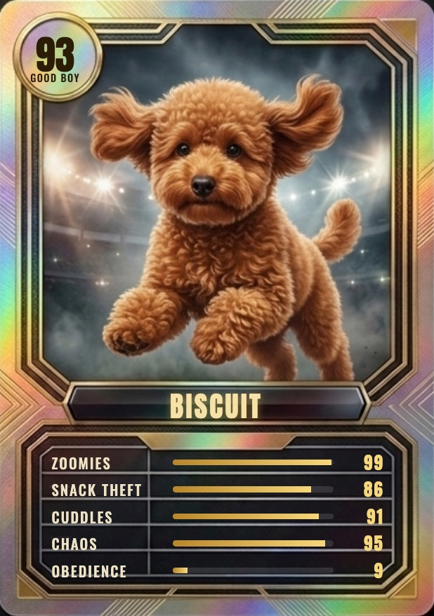 Red poodle on a Holo style Legend Card with custom stats