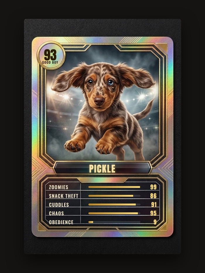 Dachshund on a Holo style Legend Card with custom stats