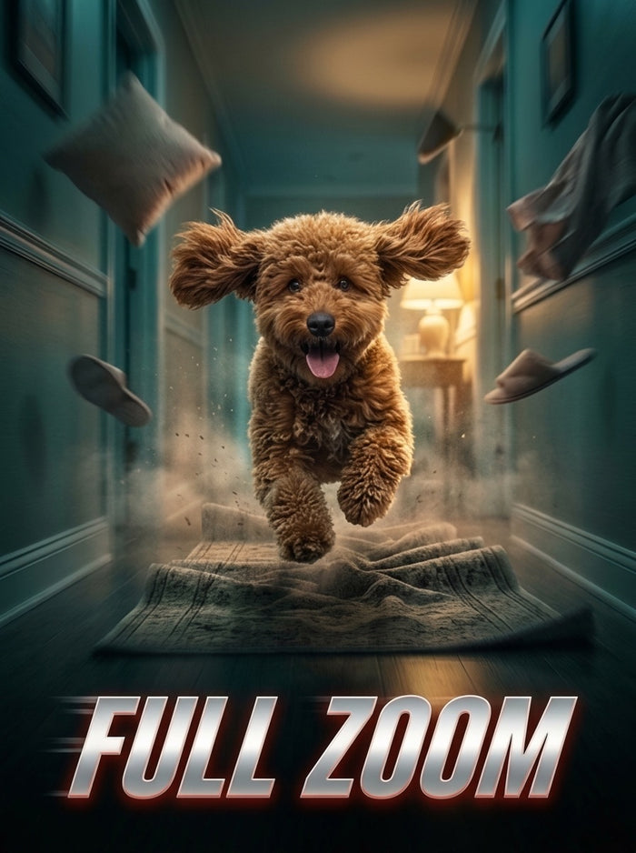 Red poodle starring in the Full Zoom movie poster