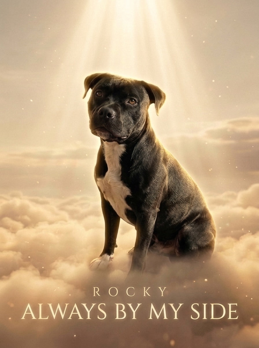 Rocky the Staffy in the Always By My Side memorial poster
