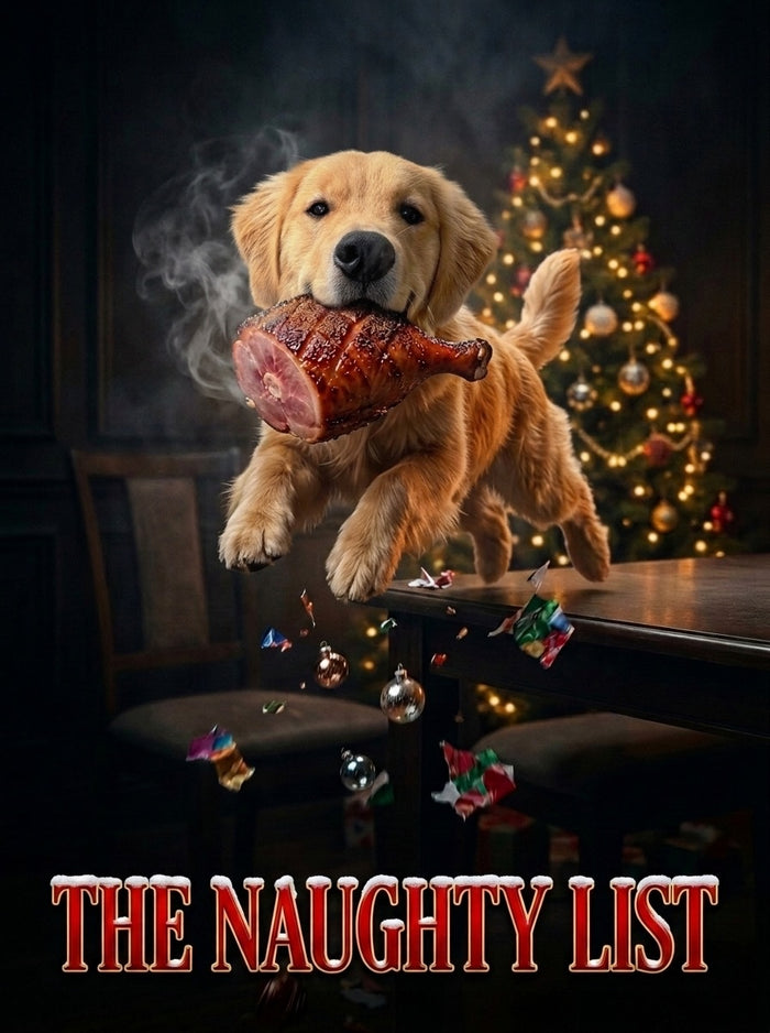 Golden retriever starring in The Naughty List Christmas movie poster