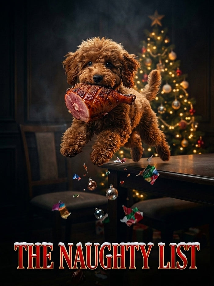 Red poodle starring in The Naughty List Christmas movie poster