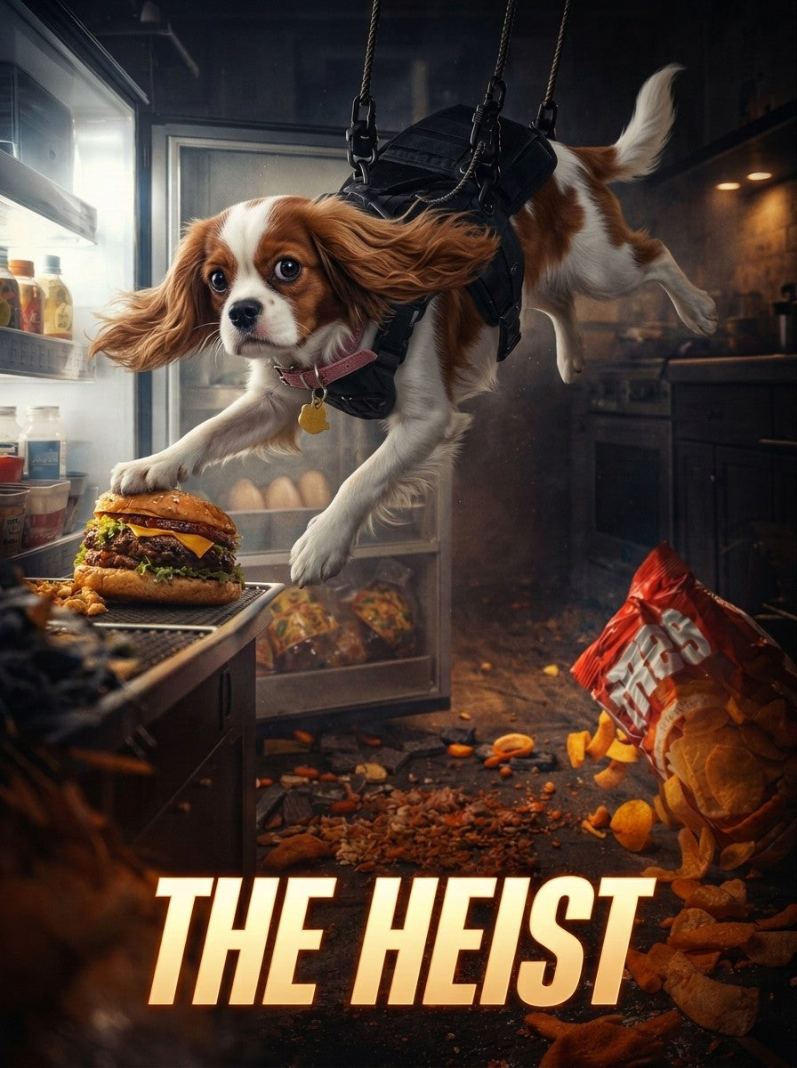 Cavalier King Charles spaniel starring in The Heist movie poster
