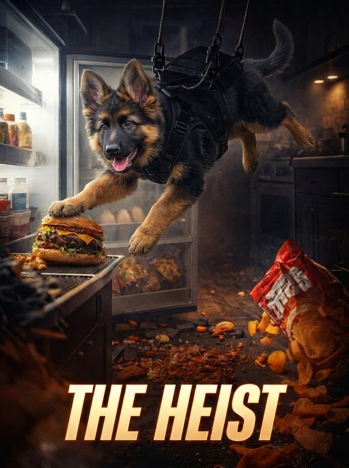 German shepherd puppy starring in The Heist movie poster