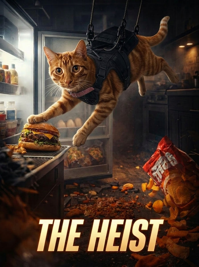 Ginger cat starring in The Heist movie poster