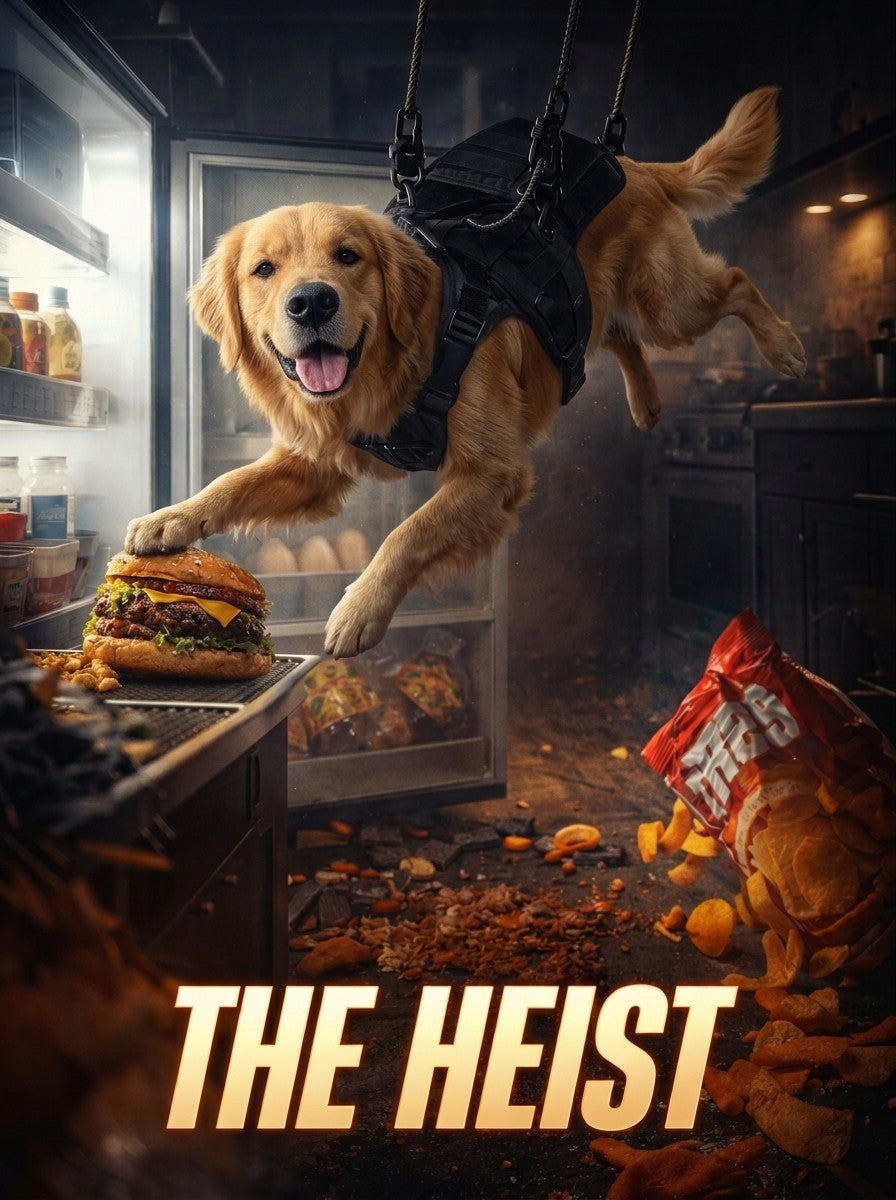 Golden retriever starring in The Heist movie poster