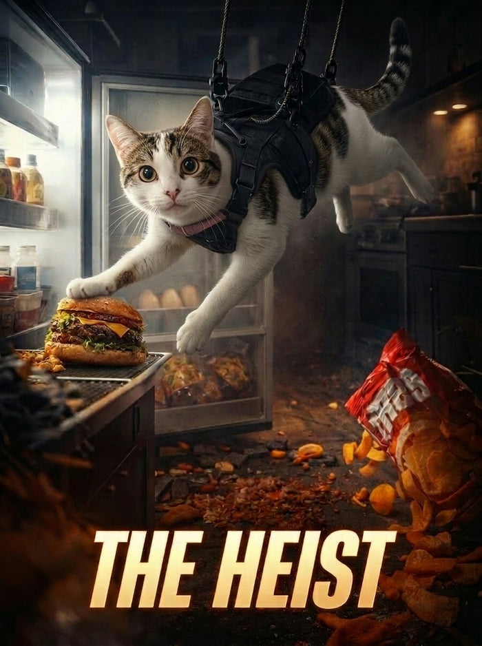 Tabby and white cat starring in The Heist movie poster