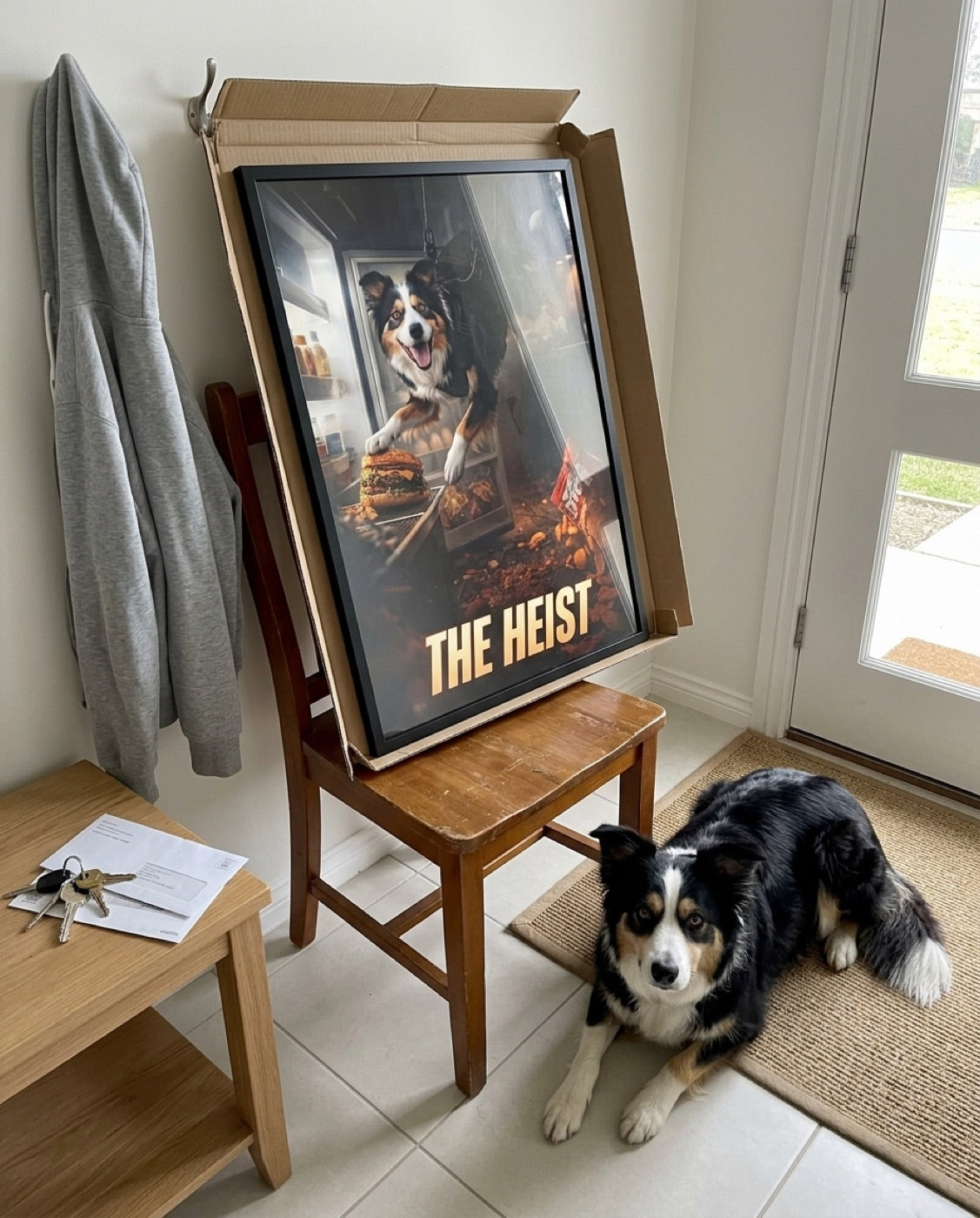 Just-delivered framed Heist poster on a chair with the dog lying on the doormat