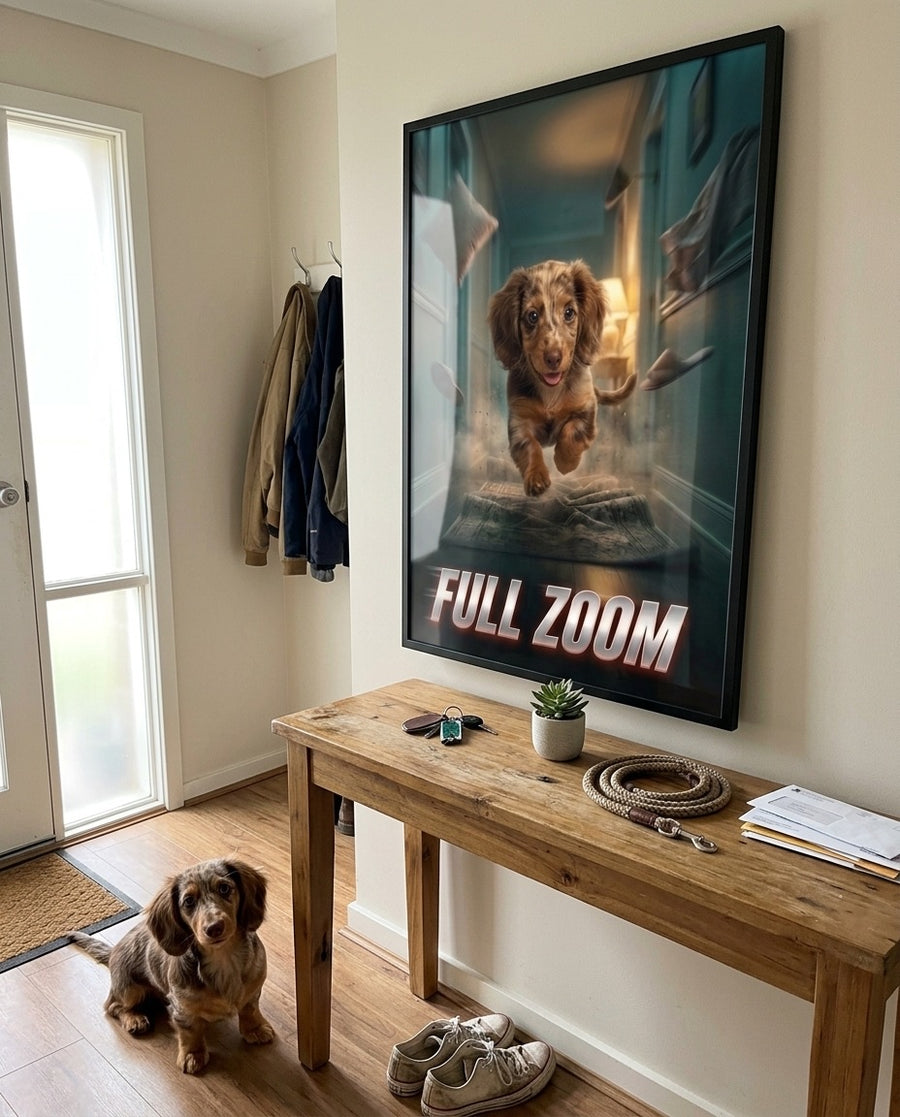 Framed Full Zoom poster hung in an entryway with the dachshund sitting below