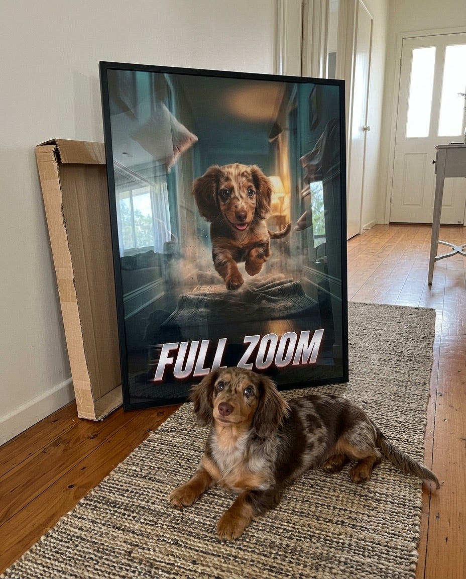 Framed Full Zoom poster leaning in a hallway with the dachshund on the rug
