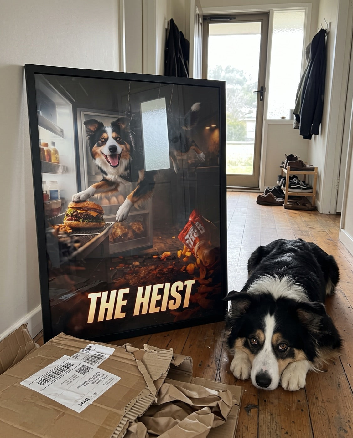 Framed Heist movie poster leaning in a hallway next to the dog it stars