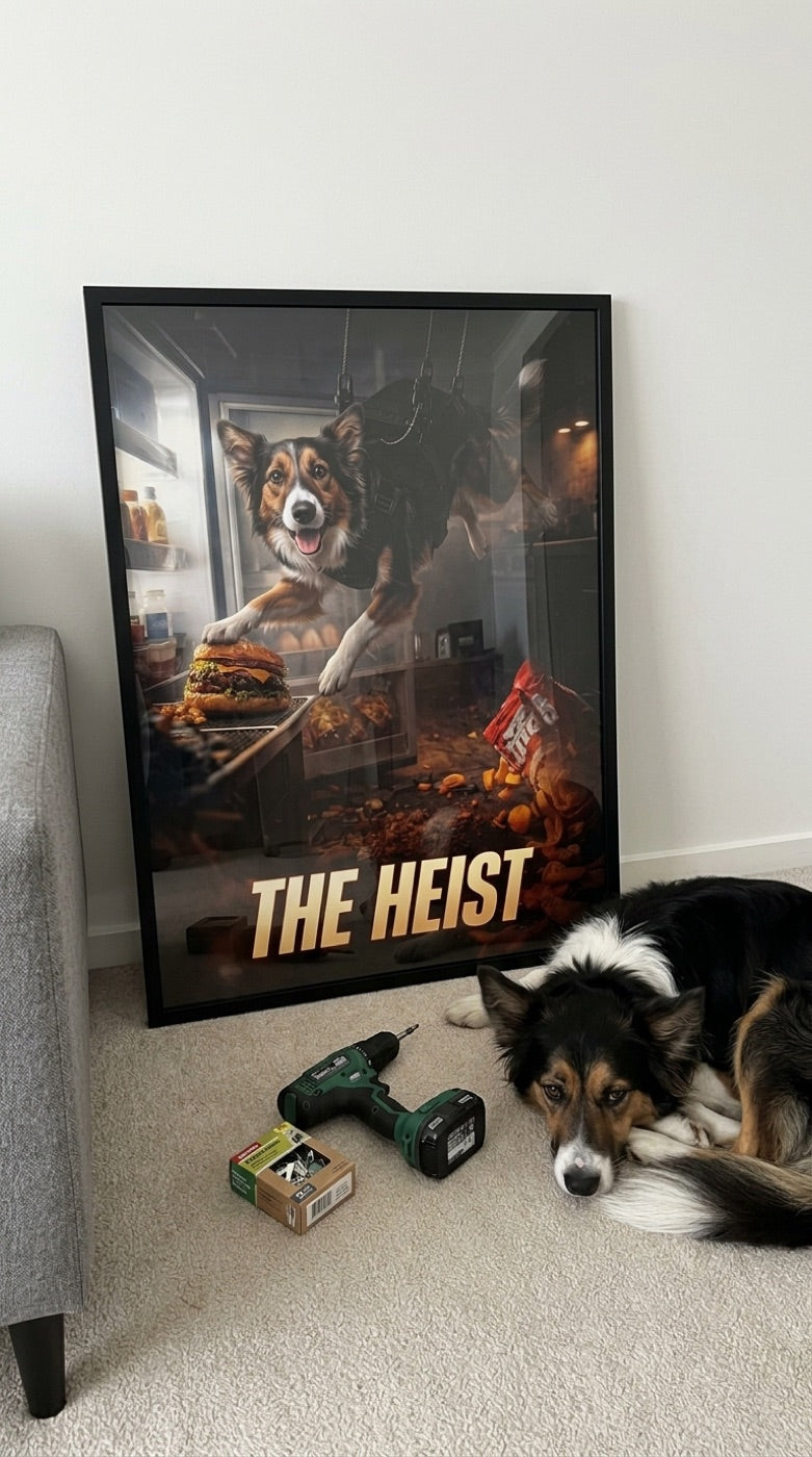 Framed Heist poster waiting to be hung, dog curled up beside it