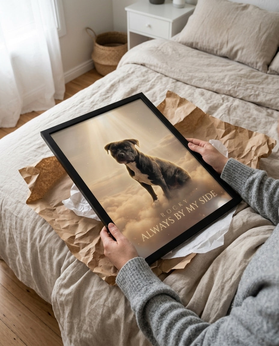Framed Always By My Side memorial poster held just after unwrapping