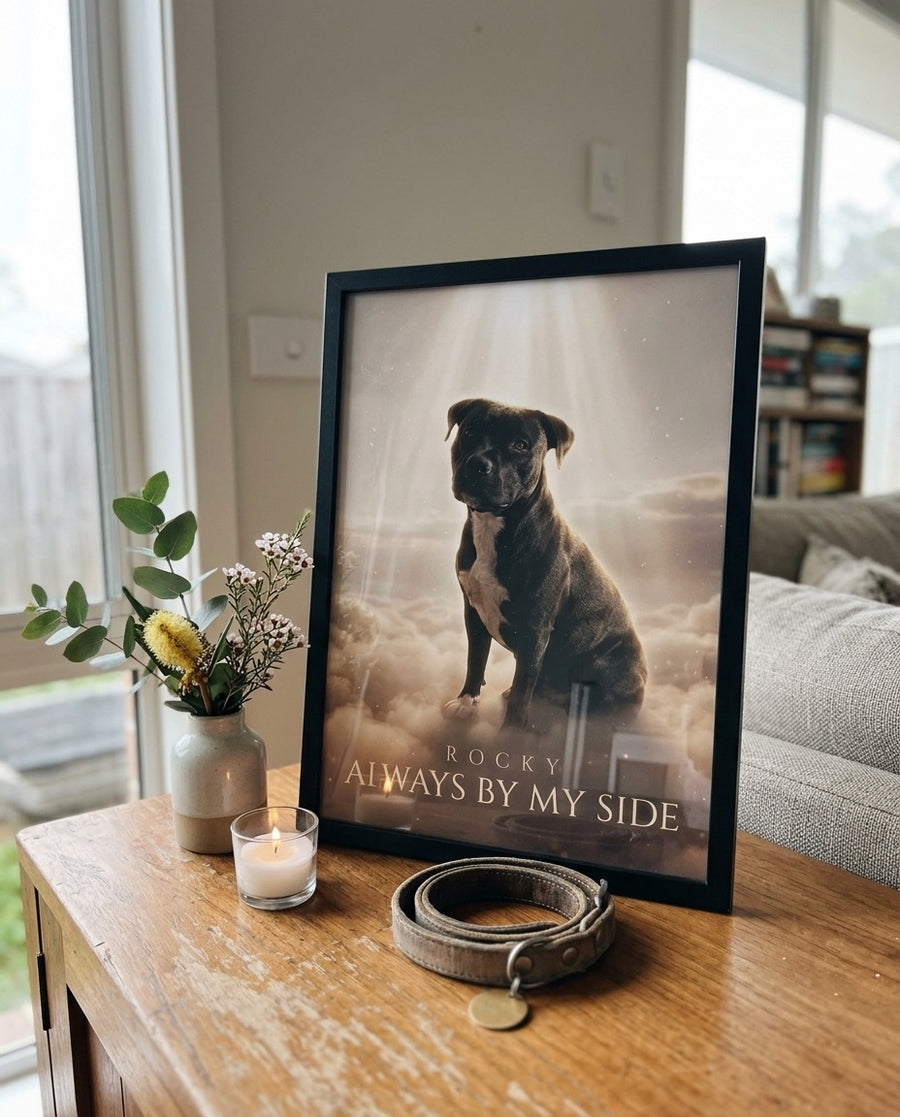 Framed Always By My Side memorial poster on a sideboard with a candle and collar