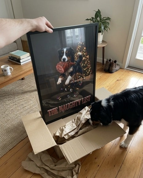 Example: The Naughty List poster lifted out of its box, Aussie shepherd sniffing
