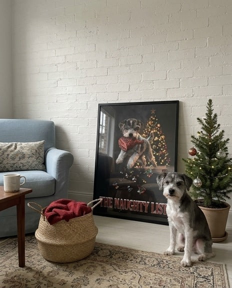 Example: The Naughty List poster by a Christmas tree with a scruffy grey dog