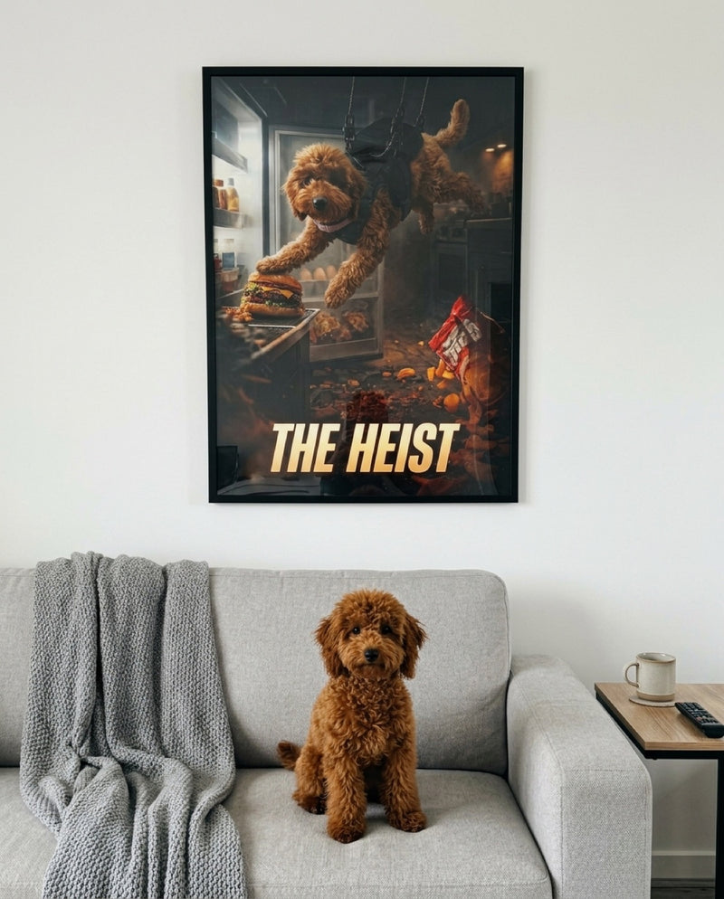 Framed Heist poster hung above the couch with the poodle cross sitting below
