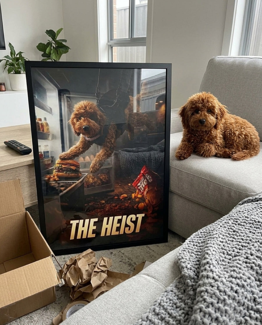 Just-delivered framed Heist poster leaning by the couch, poodle cross curled up beside it