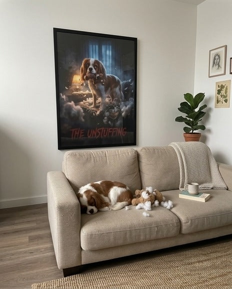 Example: The Unstuffing poster above a couch, cavalier asleep below