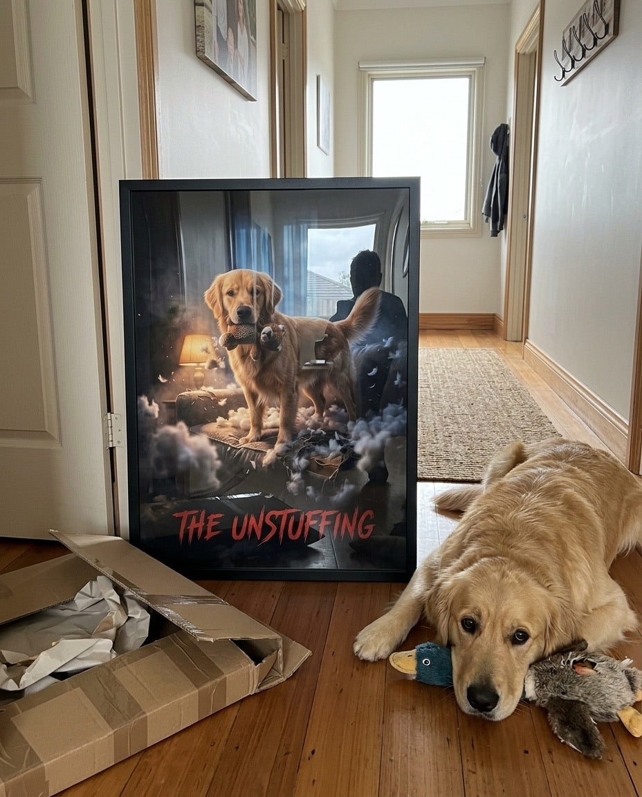 Framed Unstuffing poster just delivered, leaning in a hallway beside the golden retriever