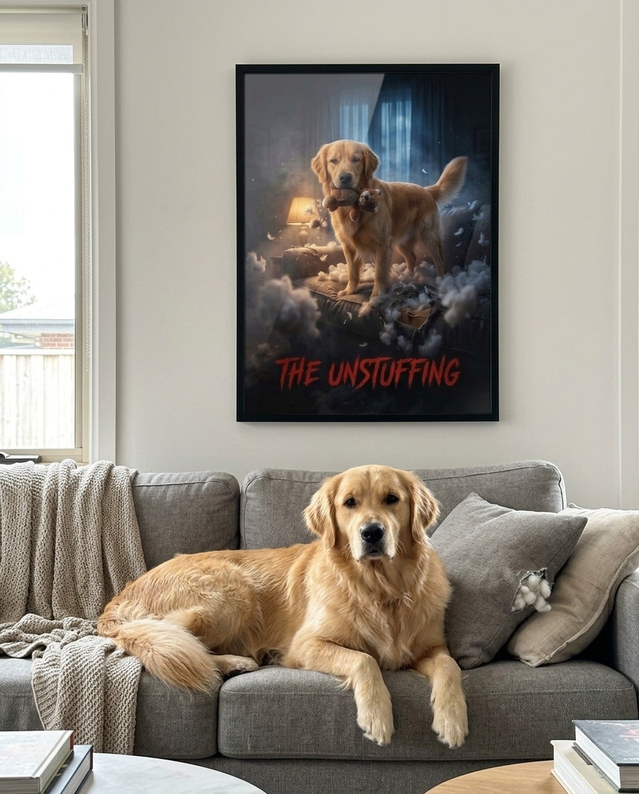 Framed Unstuffing poster above the couch with the golden retriever lounging below