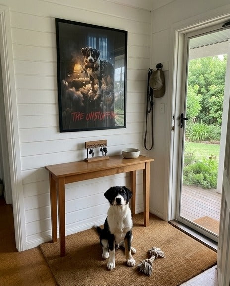 Example: The Unstuffing poster in an entryway with a puppy below