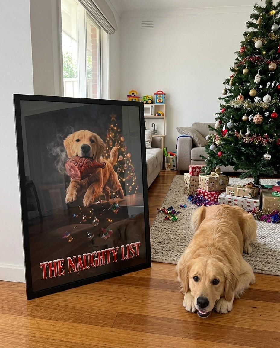 Framed Naughty List poster leaning beside the Christmas tree with the golden retriever