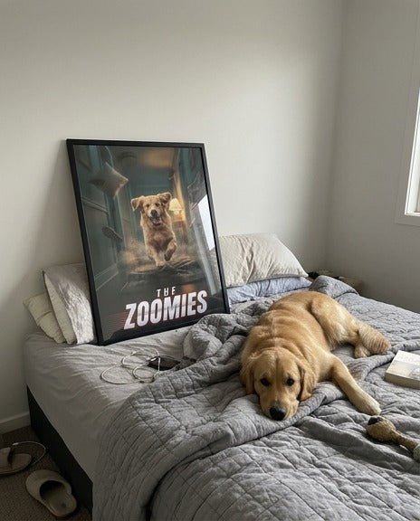 Example: The Zoomies poster on a bed with a golden retriever