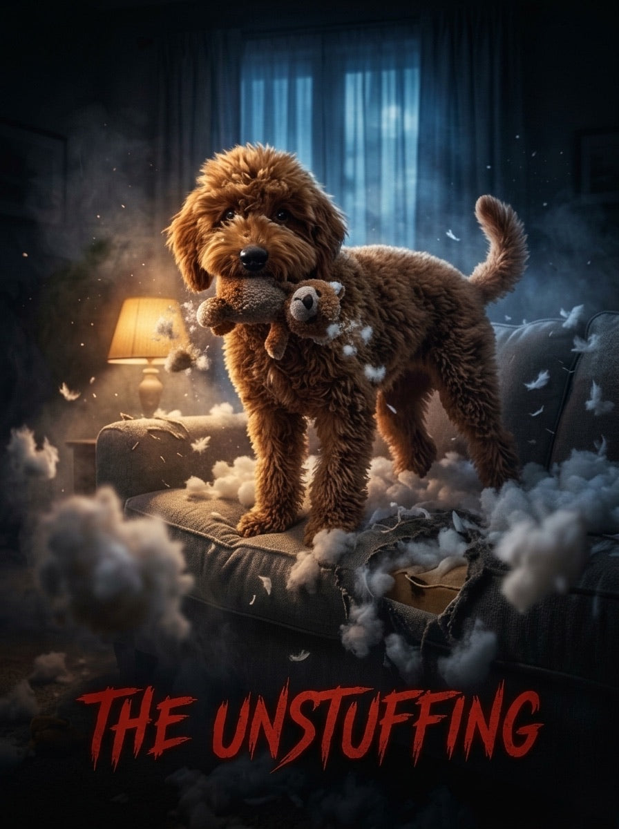 Red poodle starring in The Unstuffing movie poster